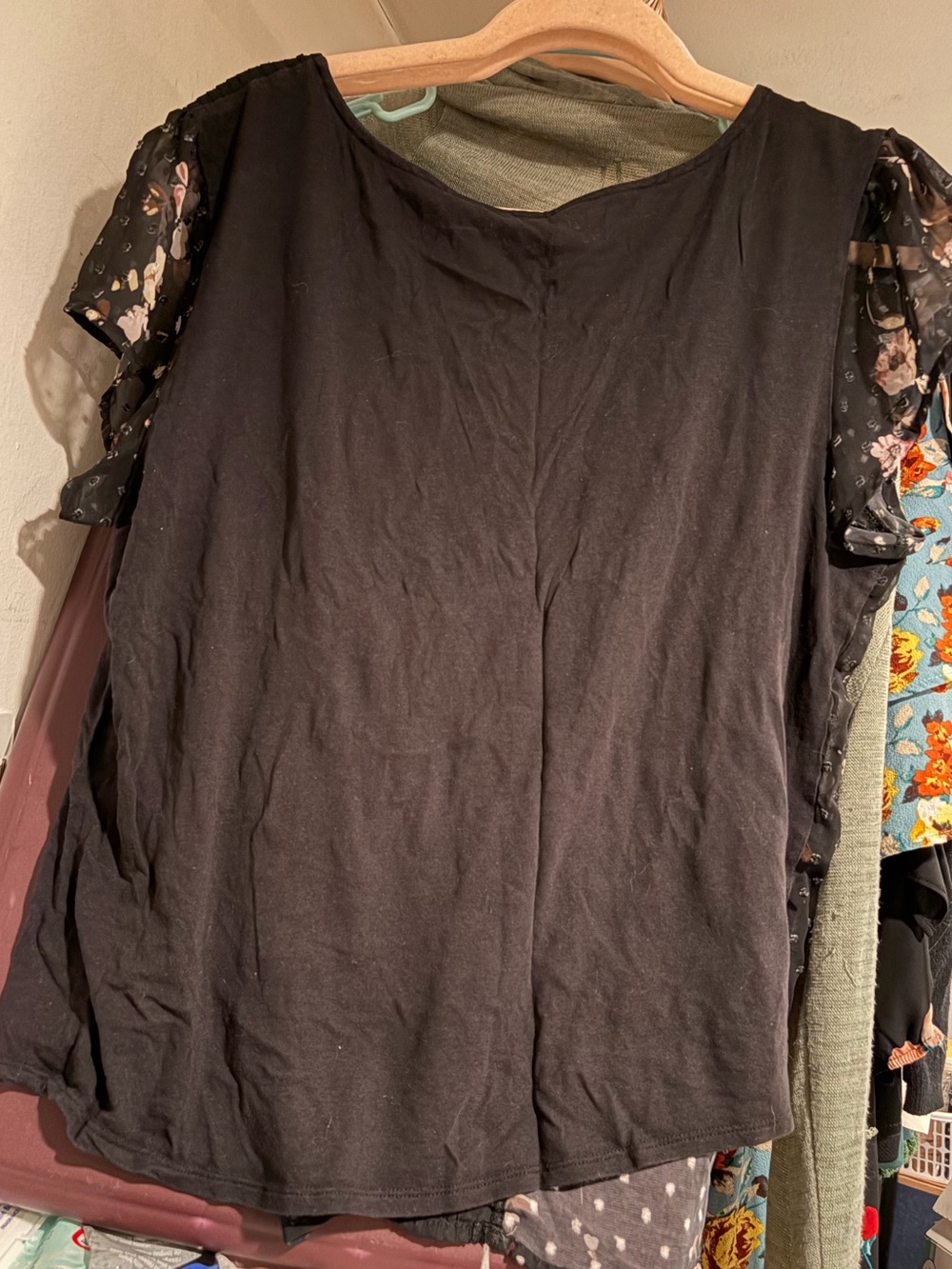 LC Lauren Conrad Black Top with Floral Sheer Sleeves